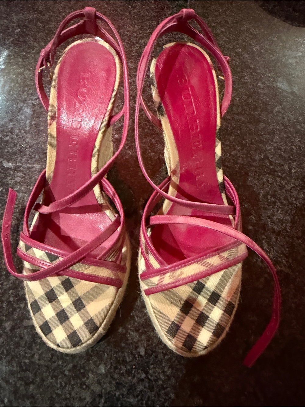 Burberry Beige Plaid Espadrille Wedge Sandals with Pink Straps